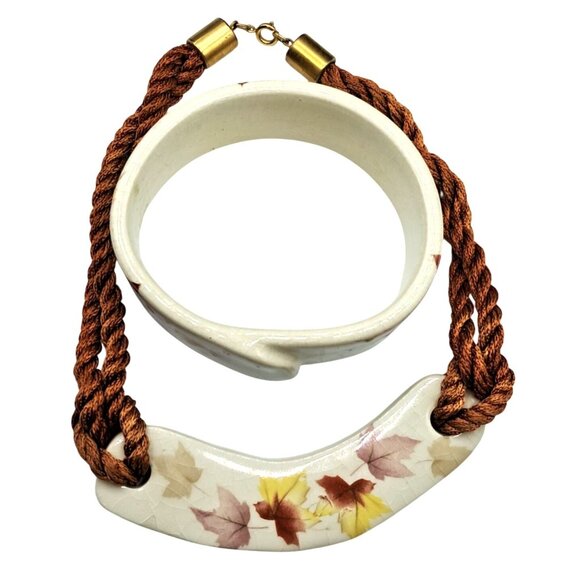 VIntage Jewelry Set Ceramic Choker Necklace & Bracelet Autumn Leaves Design - Picture 10 of 10